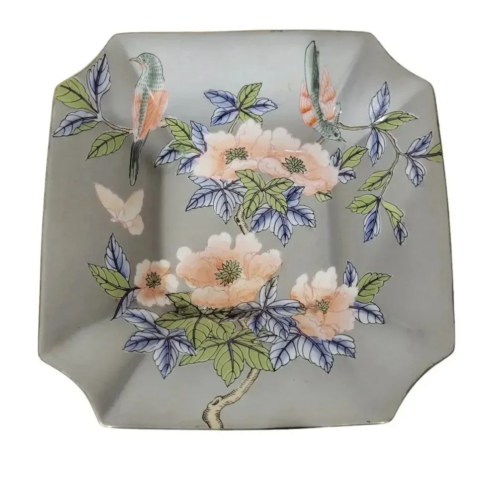 Vintage Macau Porcelain Bird Floral Asian Decorative Gray Peach Bowl